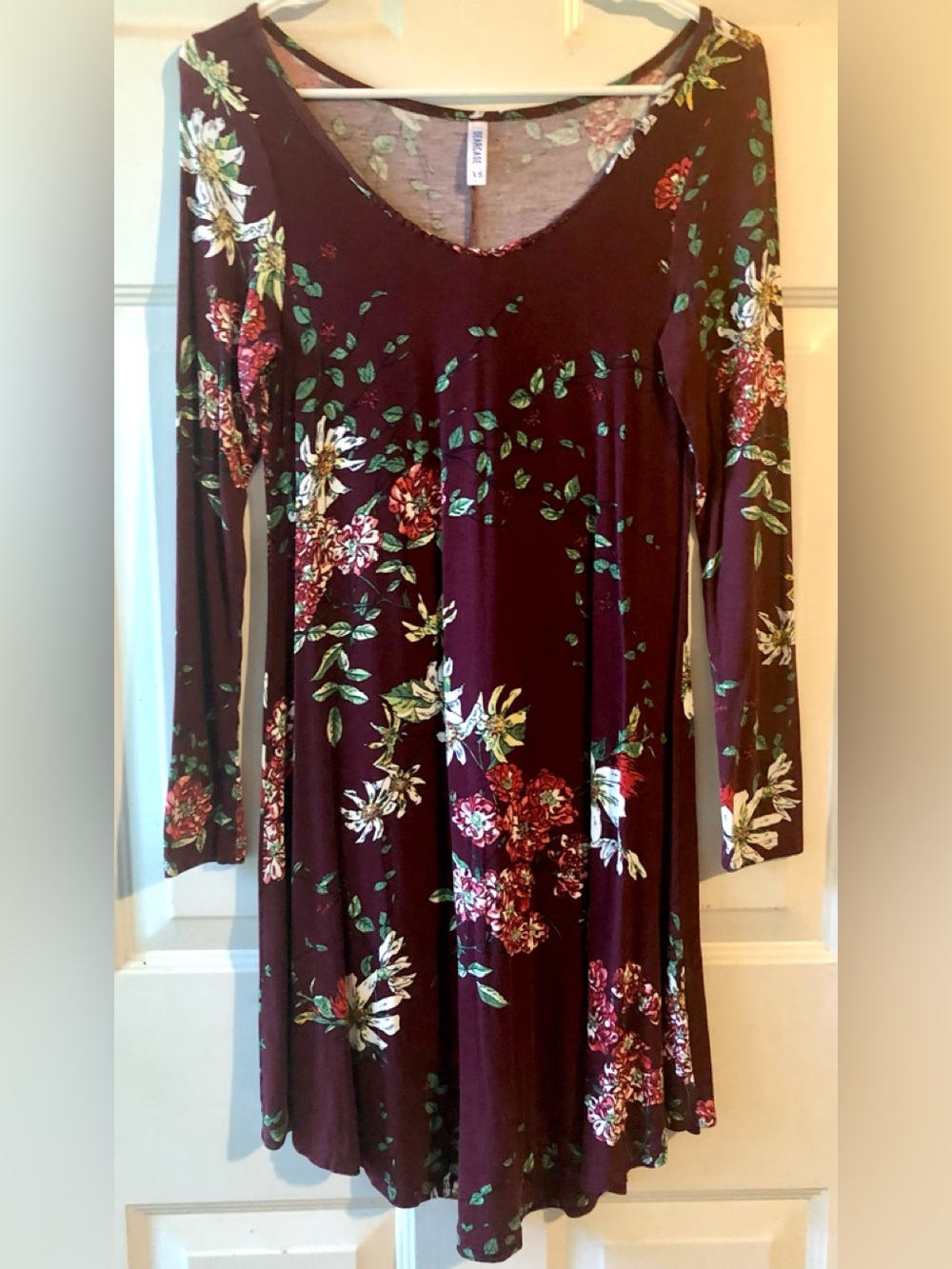 Dearcase Burgundy Pink White Green Floral Fit and Flare Knee Length Dress XS